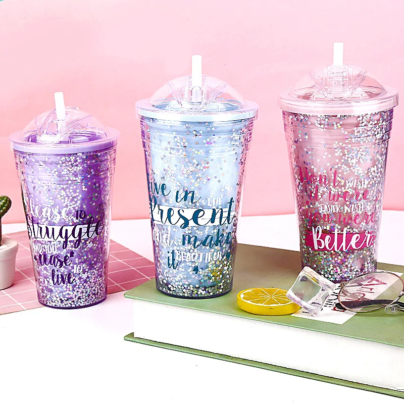 

Seaygift Fashionable wholesale 2021 new products custom double wall glitter plastic drinking juice wine coffee cup with straw, Pink