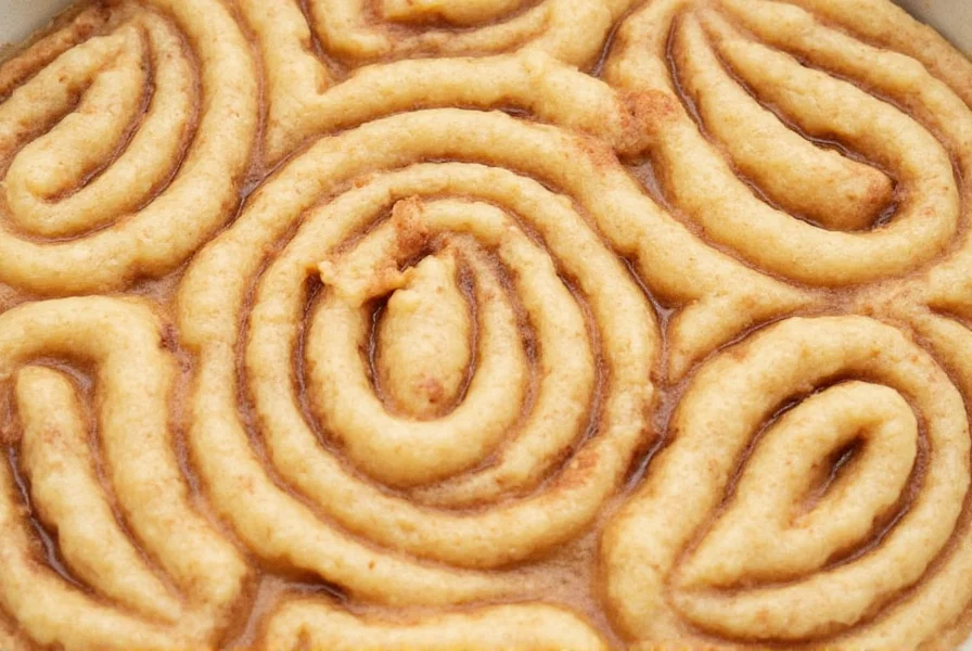 Close-up of cinnamon swirl pattern in bread batter before baking showing perfect layer distribution