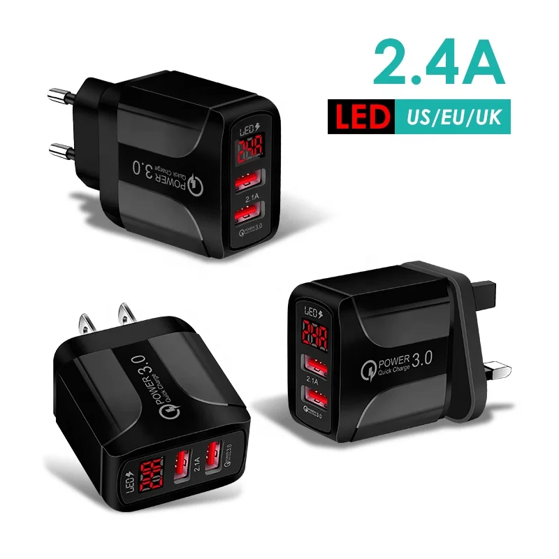 

2022 B2C Hot Sales US/EU/UK Mobile phone adapter led digital display wall Charger 2.4A 2USB double Port, Black and white
