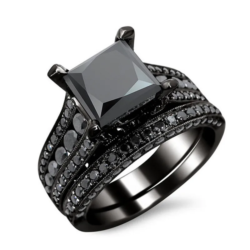 

CAOSHI Luxury Jewelry Gun Black Plated Ring Princess Cut Cubic Zirconia Black Stone Gemstone Black Wedding Ring Set