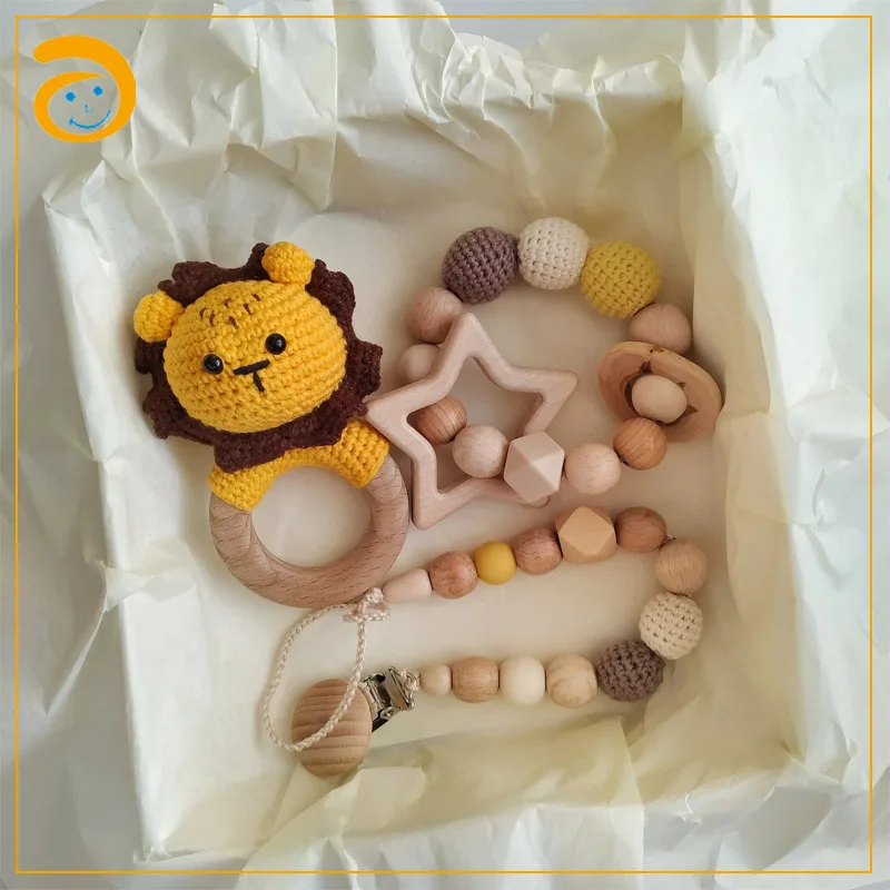 
Customized sensory organic baby crochet toy pacifier clip with wooden rattle gift set 