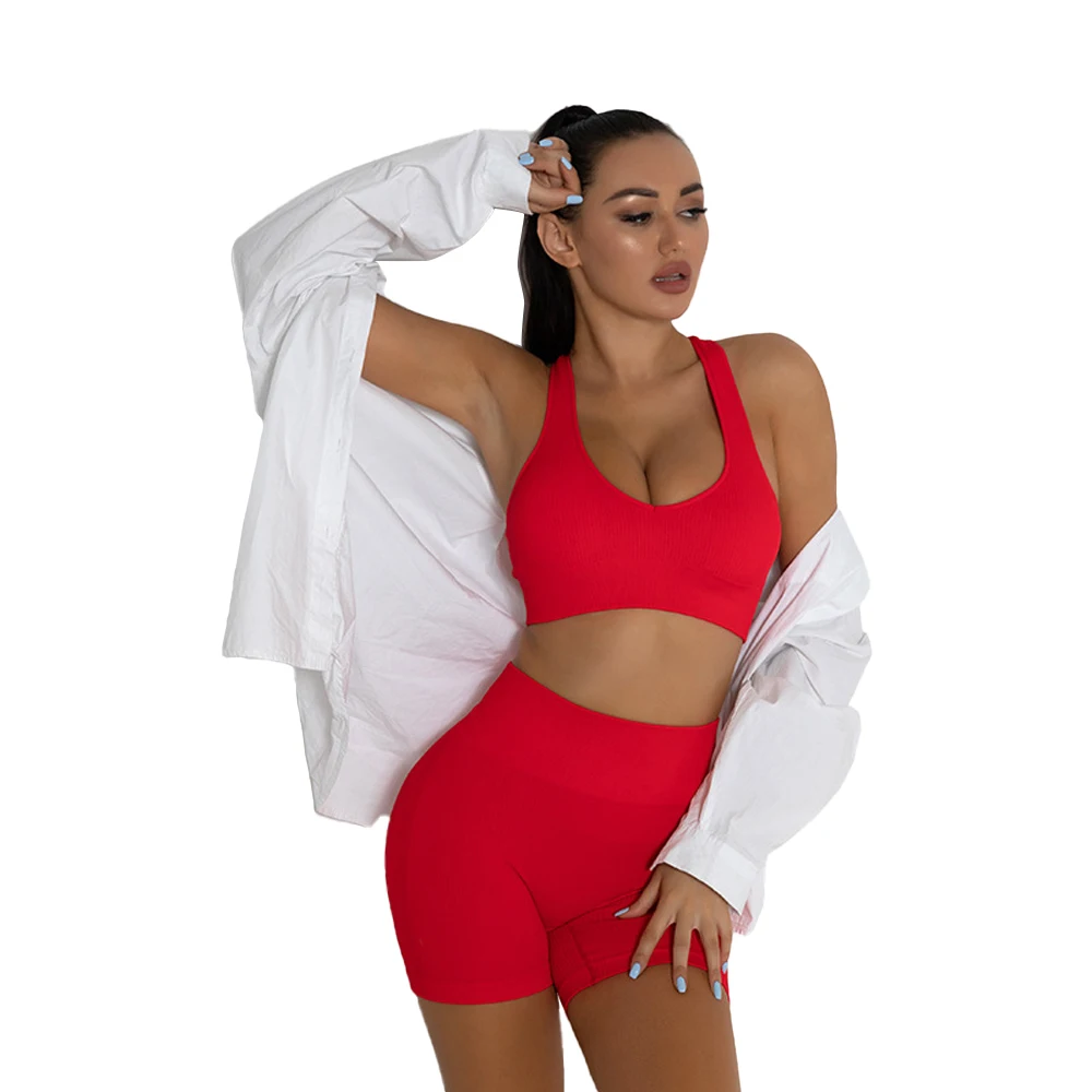 

Wholesale Yoga Women Bra Set 2 Piece Set Women Yoga Suit Fitness Seamless Knitted Yoga Shorts Set