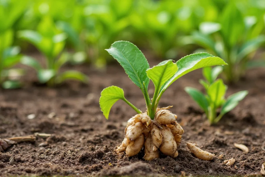Ginger plant growing in garden soil with visible rhizome development and harvesting process