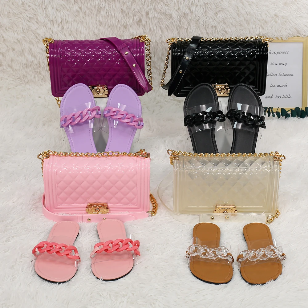 

Women sandals and purse set 2021 new trendy ladies matching handbags with slippers luxury handbag designer purse and shoe sets, 5 color