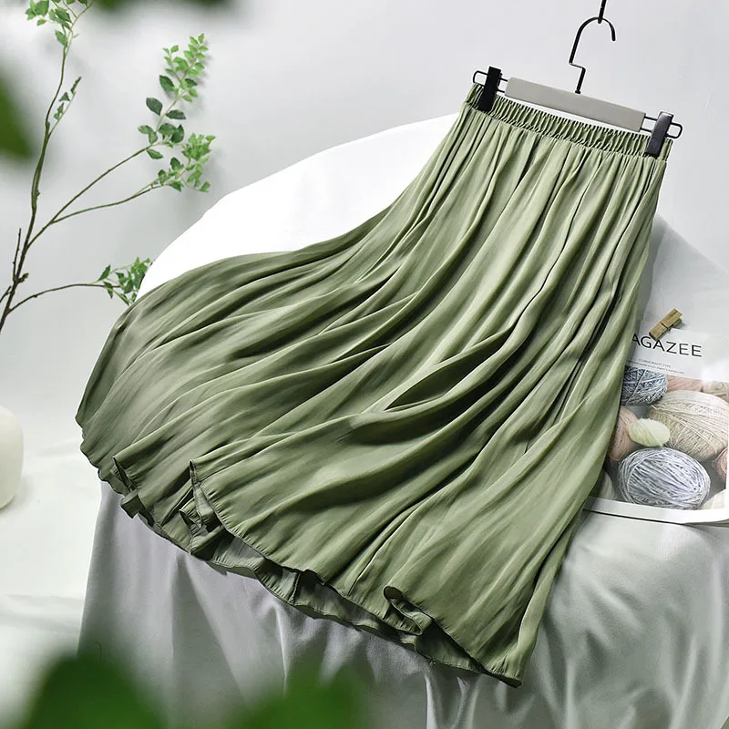 

S0008A New product elastic waist mid length silk large a-line long women's skirts