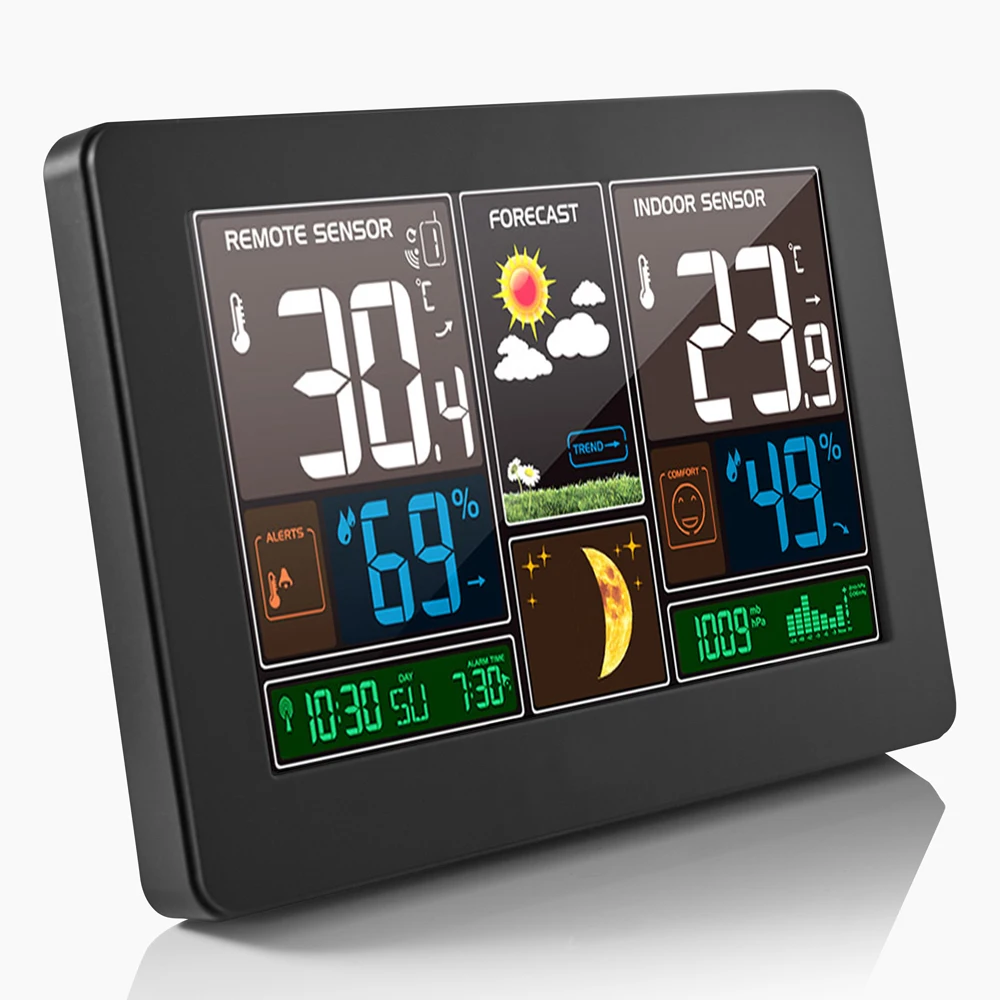 

2020 New Design Alarm Clock Weather Station Clock Temperature Humidity RF Wireless Controller WWVB/DCF/MSF Remote Sensor