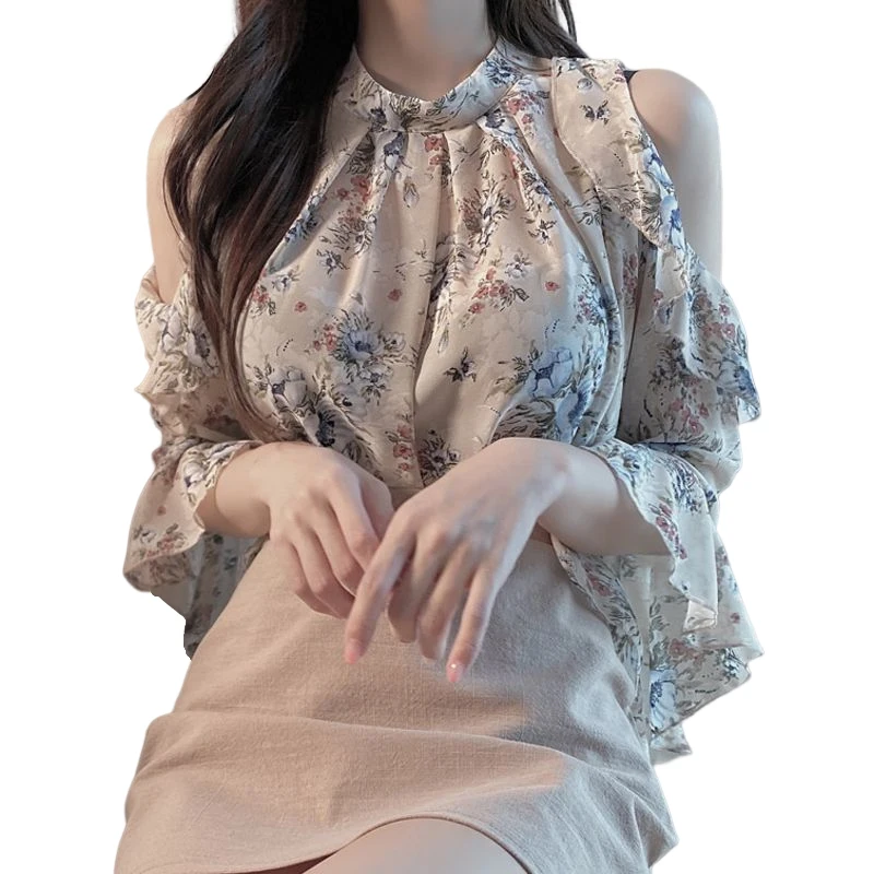 

Summer Butterfly Half Sleeve Chiffon Shirt Spring Off-Shoulder Women Clothes Fashion Tops Casual Sweet Loose Print Floral Blouse, Beige,blue