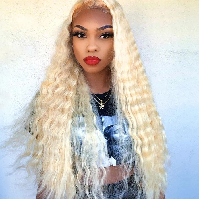 

30 inch color peruvian raw virgin curly human hair wigs blonde deep wave 613 lace front wig with bangs, Natural color