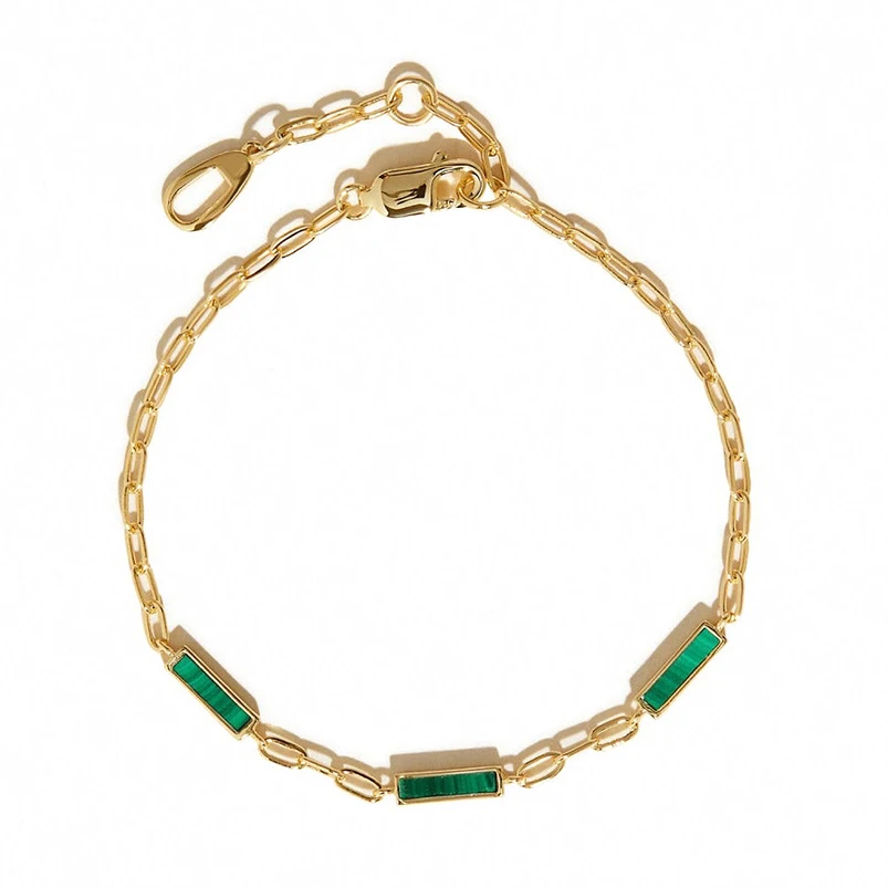 

Gemnel 925 sterling silver 14k gold natural stone baguette malachite paperclip chain bracelet