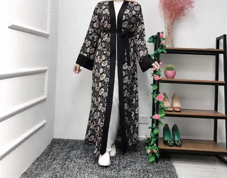 

Muslim Floral Print Middle East Abaya Dubai Maxi Dresses Arab Full Kimono Long Robes Jubah For Islamic Clothing, Black