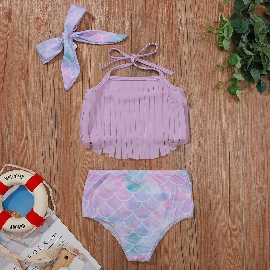 

RTS 2021 Purple Light Blue Ocean beautiful Printed Swimsuit Kids Clothes Set