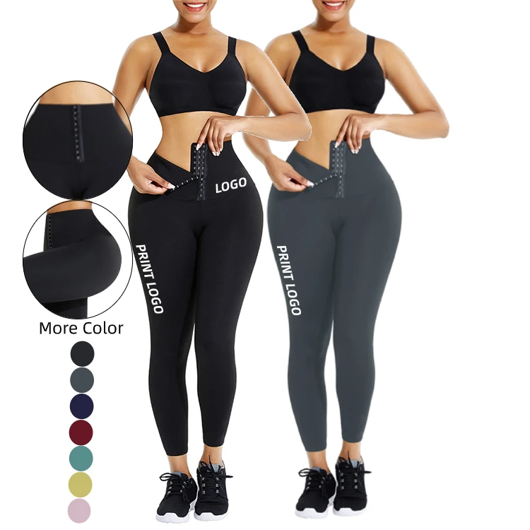 

2020 Women Fitness Tummy Control Gym Compression Tights 3-Row-Buttons Yoga Pants Leggings, Black/grey