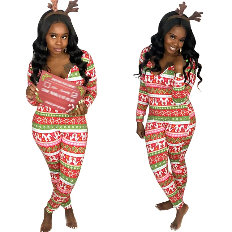 

WW-0878 Tight Long-sleeved Printed Christmas Jumpsuits Stacked Street Skinny Print Trousers Jumpsuit, Customized color