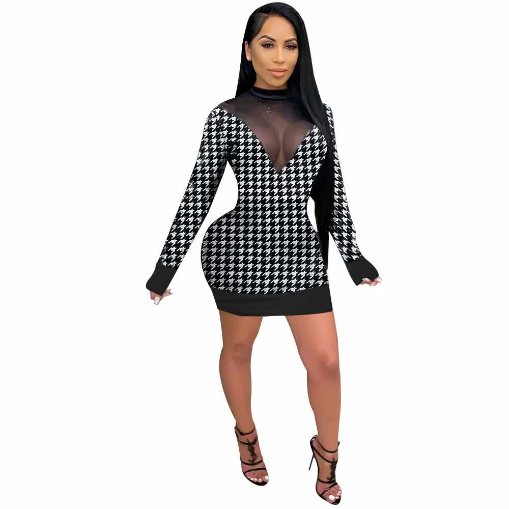 

2021 spring sexy long sleeve mesh mini dress grid patchwork mature women dresses plaid dresses women ladies