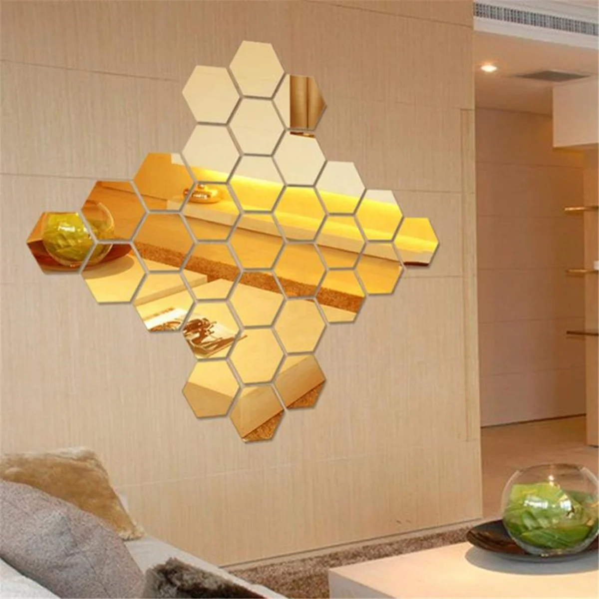 

12Pcs 3D Hexagon Acrylic Mirror Wall Stickers DIY Art Home Decor Living Room Decorative, Customized color