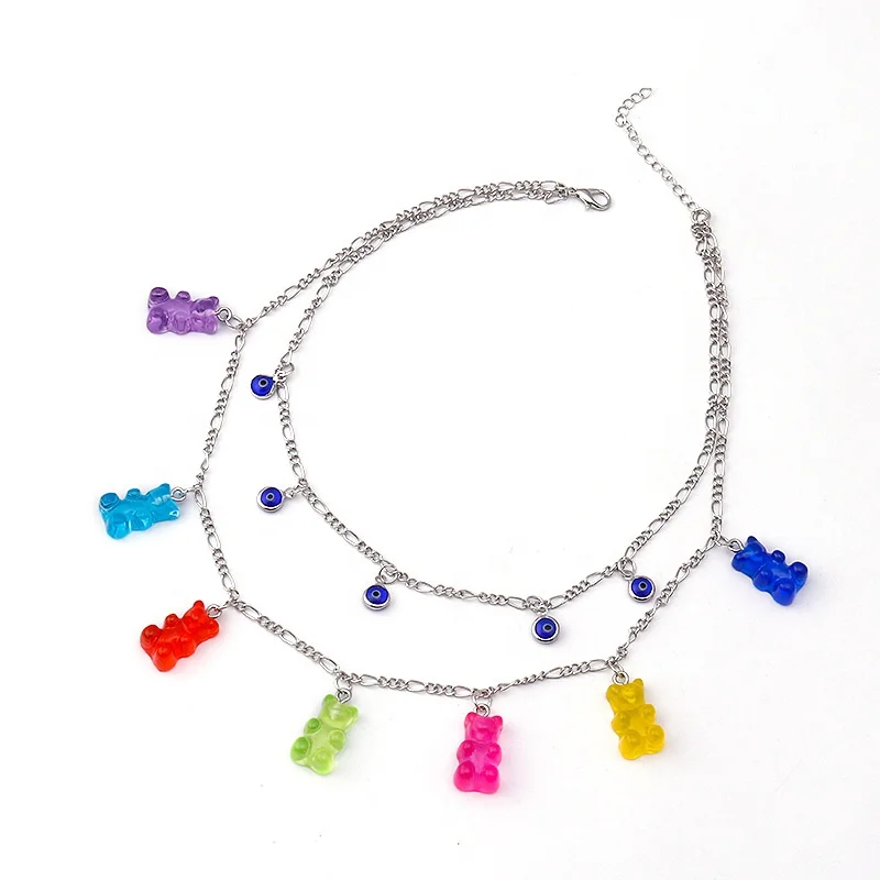 

wholesale New Fashion Double Layers eye pendant charms Chain Candy Color Bear Pendant Charm Choker Necklace