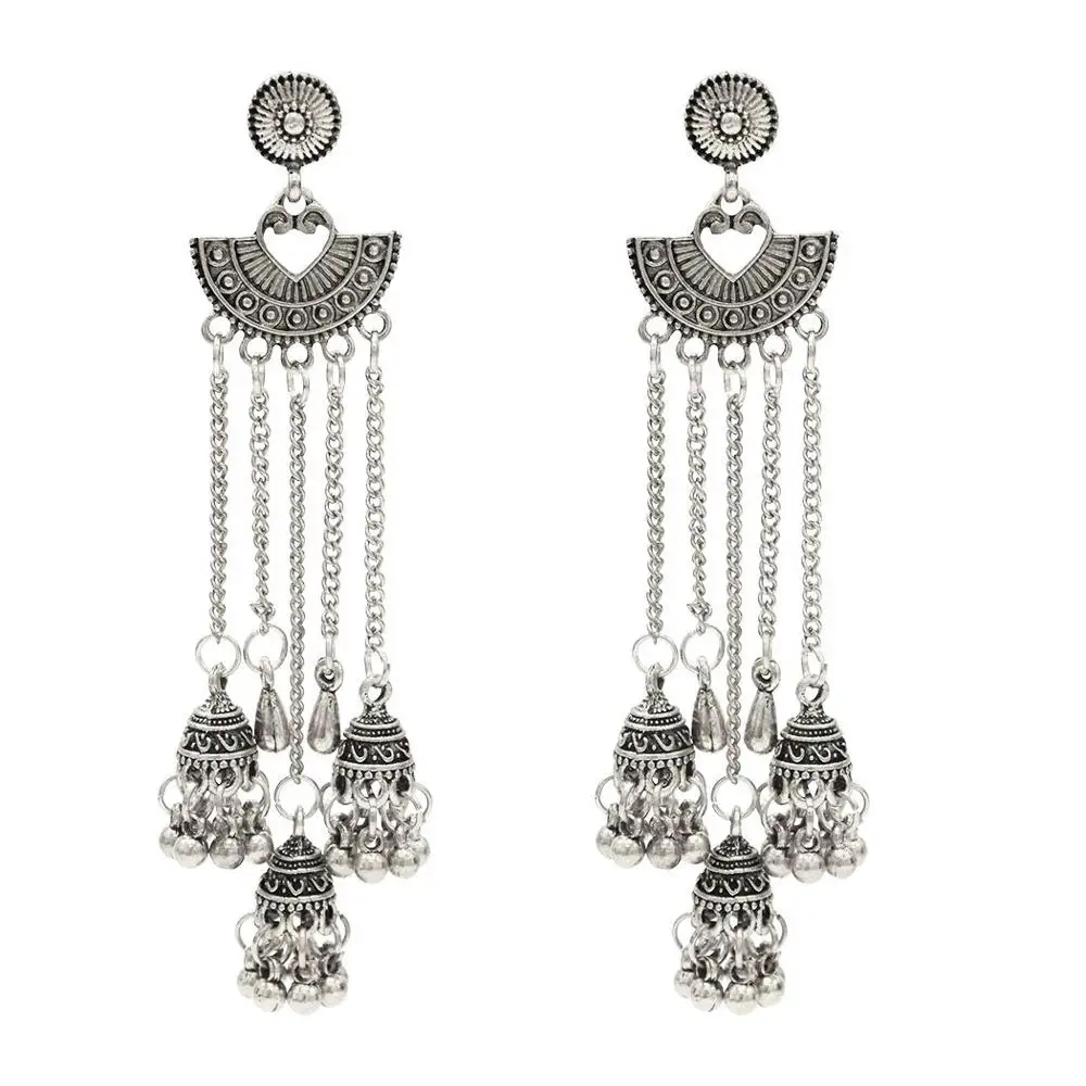

Long Tassel Statement Jhumka Earrings Indian Vintage Silver Gold With Birdcage For Women Party Ethnic Jewelry, Bronze