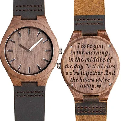 

Mens Engraved Personalized Wooden Watches Vintage Cowhide Leather Strap Walnut Wood Black Sandal Wood Groomsmen Watches