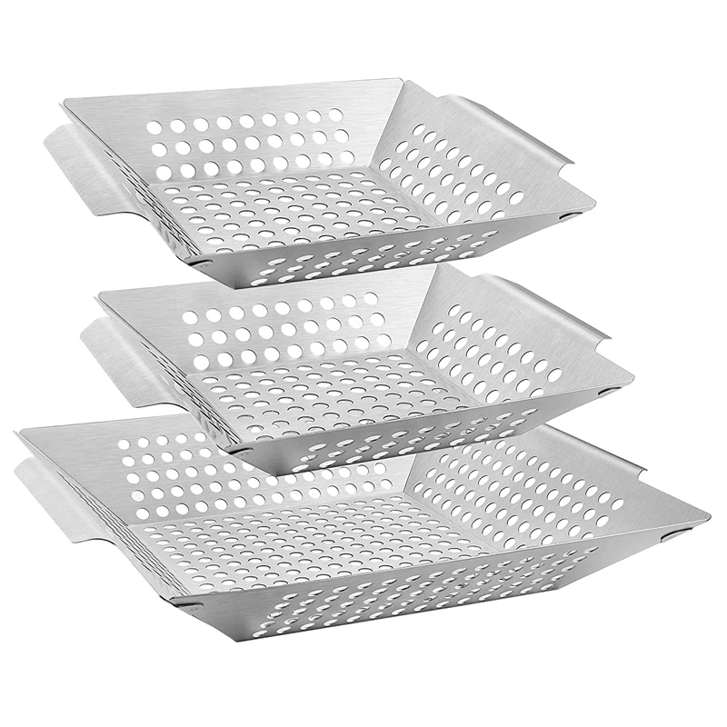 

3 Pack Square Grill Basket Stainless Steel for Outdoor Grill Veggies Shrimp Kabob And Meat