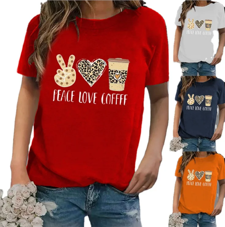 

2021 Women's Top Peace Love Coffee monogram print round neck T-shirt