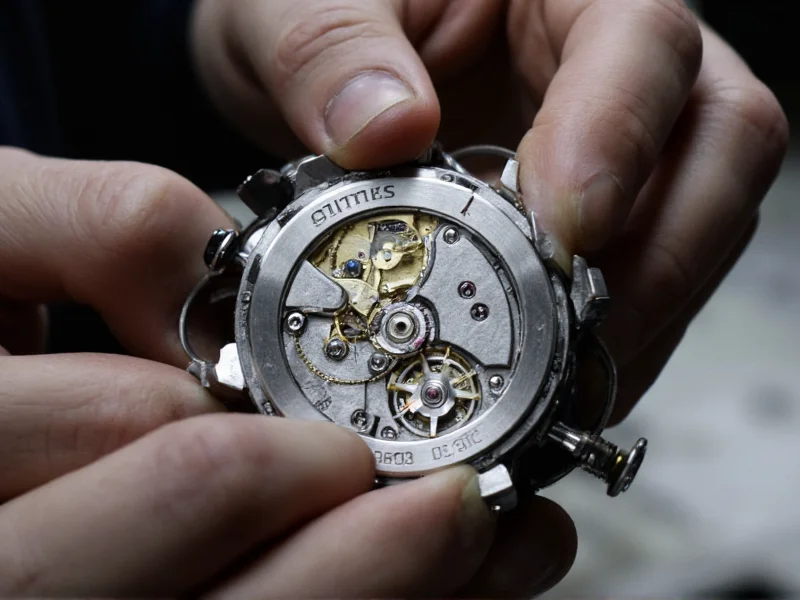 Close-up of watch movement assembly with precision tools