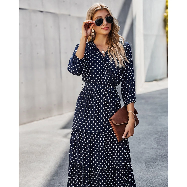 

Hot Sale Women Fashion Summer Classic Polka Dot Print Dress Lady Dresses Women Elegant Long Dresses