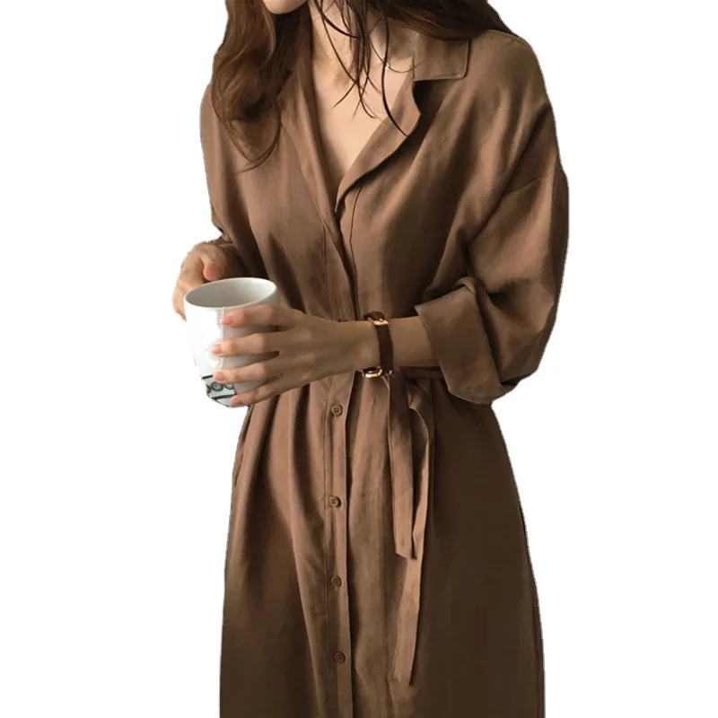 

Wholesale 2021 Spring and Summer Korean Casual Coat with Waist Long Windbreaker Elegant Temperament Popular Jacket Women, Navy blue,caramel color