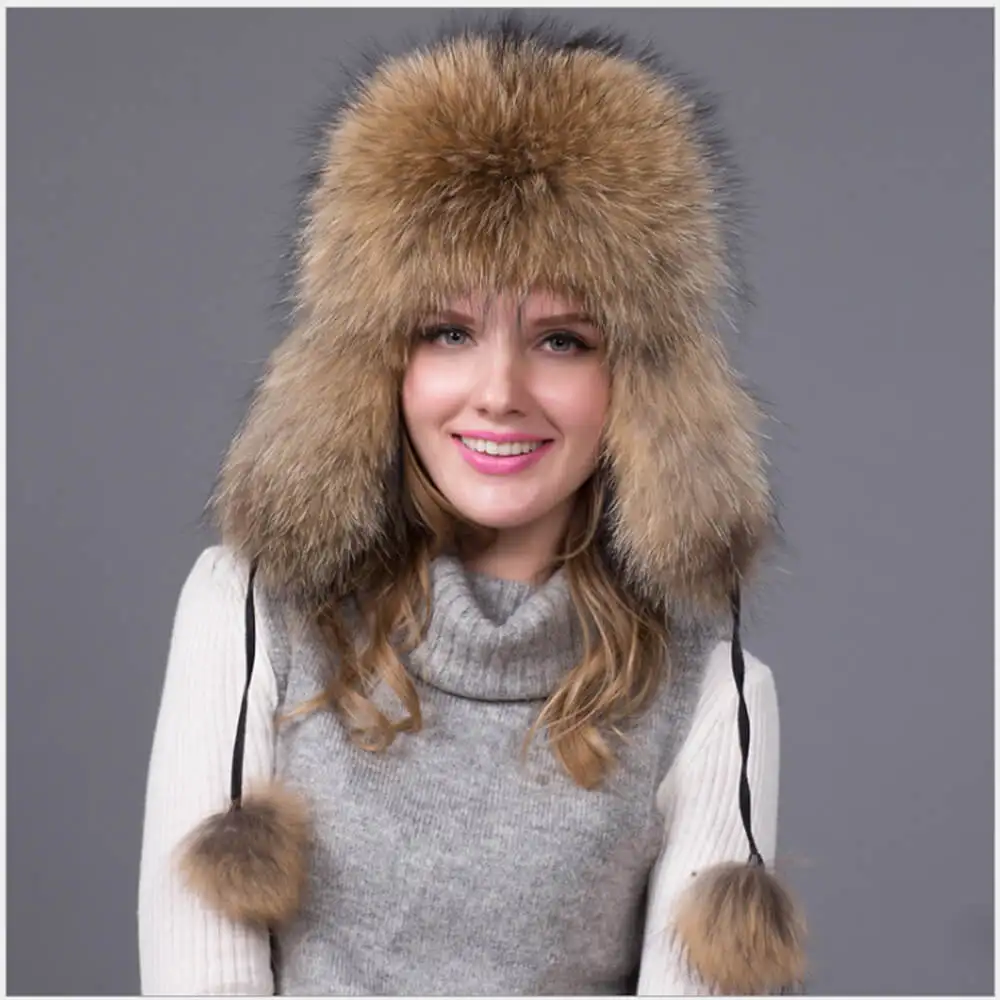 Custom Authentic Ushanka Raccoon Fur Pom Pom Hat Designer Ladies