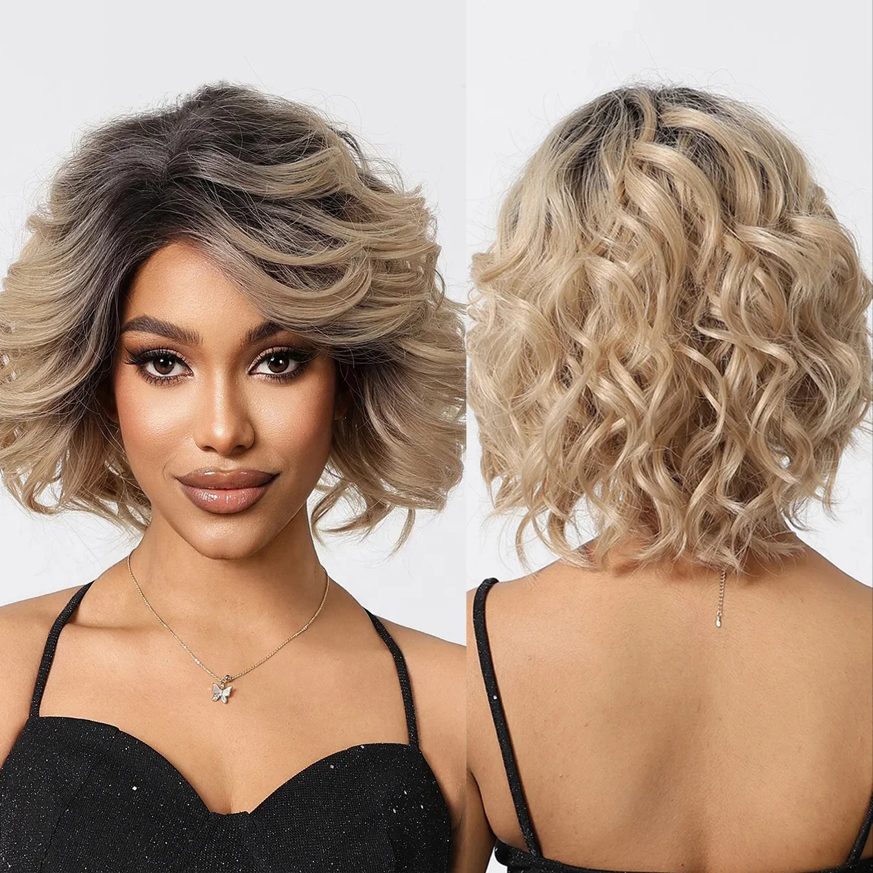 Japan Future Chemical Fiber Synthetic Honey Blonde Short Curly Lace Front Wig Ombre Loose Wave Lace Frontal Hair Wigs for Women