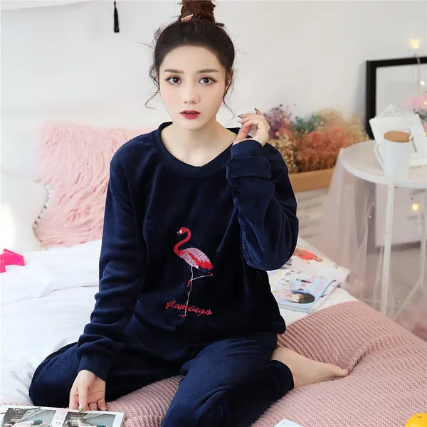 

Winter Women Pajamas Sets Flamingo Thick Warm Coral Velvet Suit Flannel Long Sleeve Female Animal Sleepwear for Women
