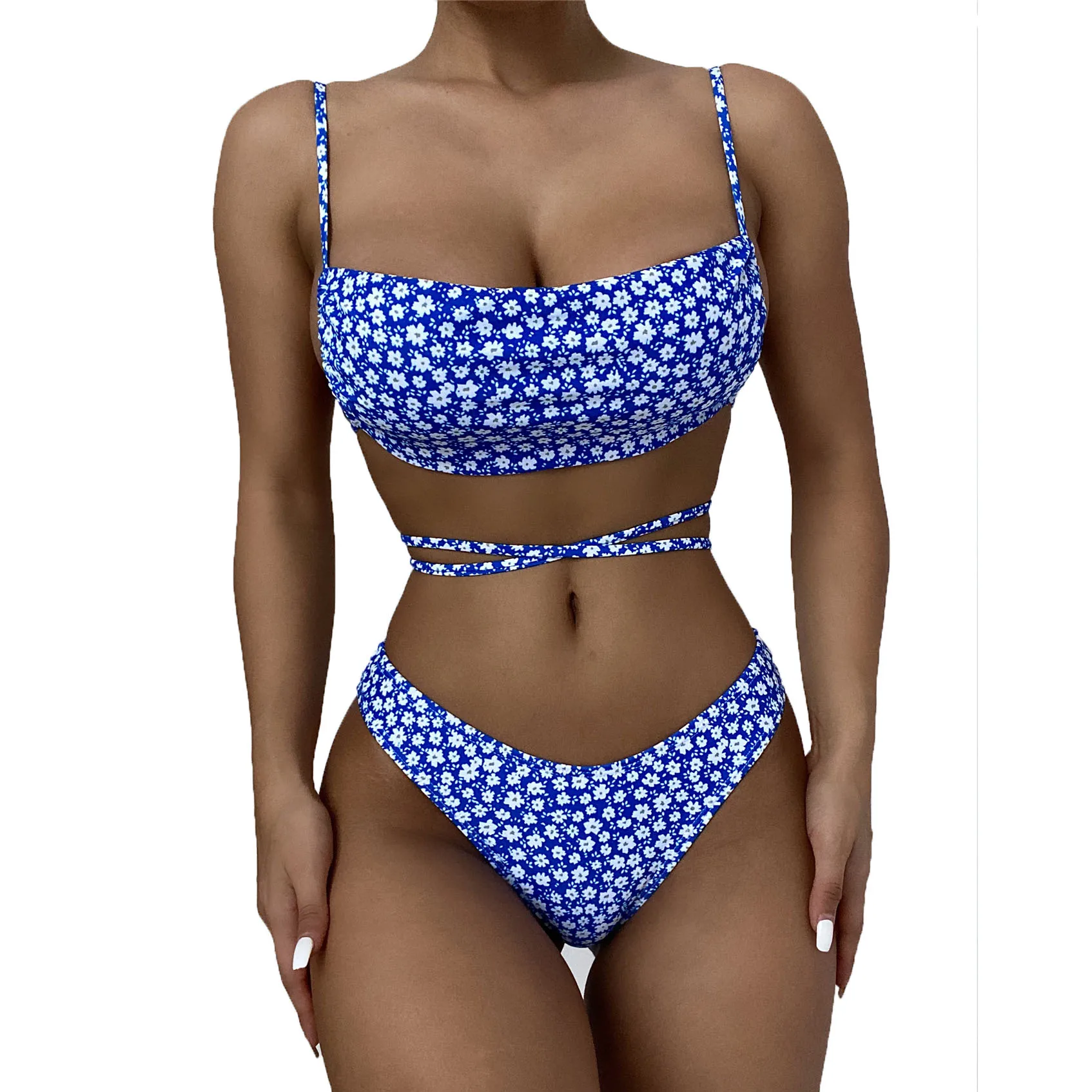 

The new fashion women swim suit 2 piece swimwear hot girl sexy floral blue sexy split woman swimsuit