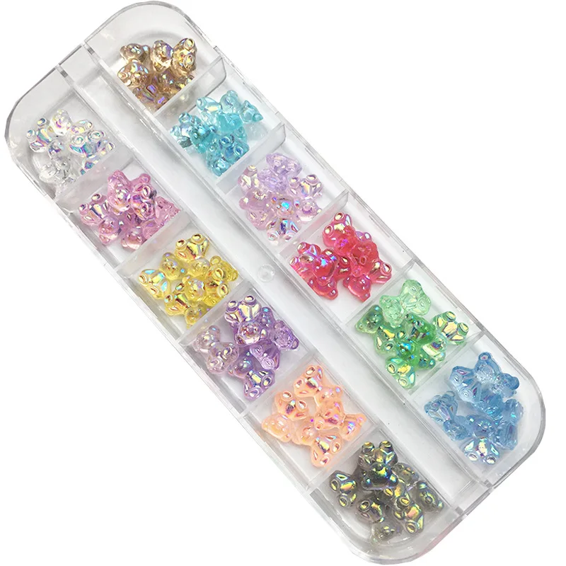 

12 Grid Box 60Pcs 3D Cute teddy Bear nail charm Resin Aurora Rhinestone for Nails Glitter diy manicure nail art decoration, Colorful