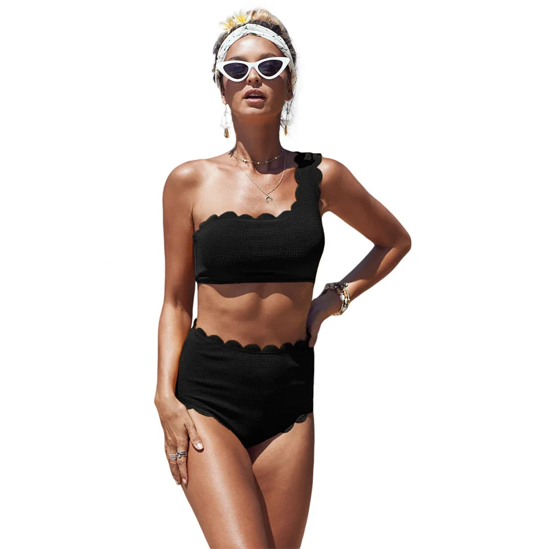 

High Waisted Scalloped Trim One Shoulder Bathing Suit