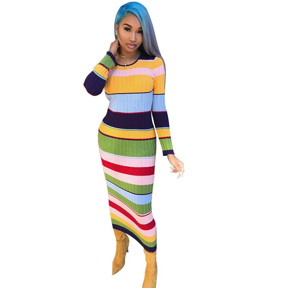 

91103-MX82 2019 colorful striped print bodycon long sleeve lady dress for sehe fashion