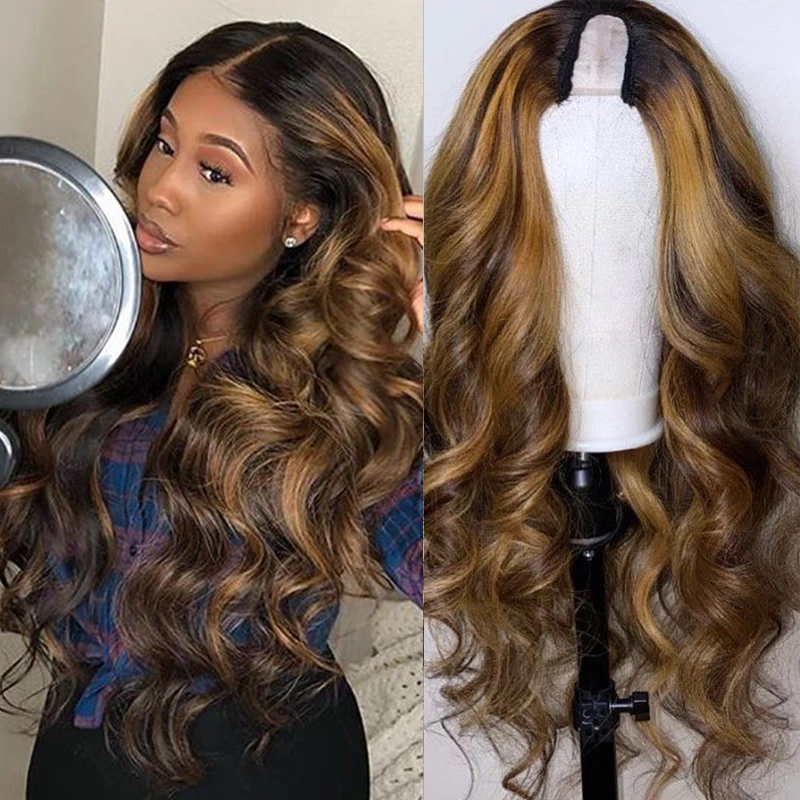 

Honey Blonde Ombre Highlight Human Hair U part Wigs for Black Women 150% Density Brazilian Remy Hair Wigs Middle Open Upart Wigs