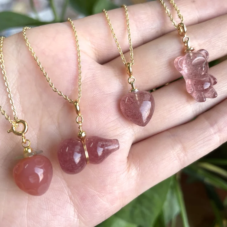 

2021 Natural Pink Healing Stone Crystal Heart Teddy Bear Real Jade For Women Pendant Jewelry Necklace