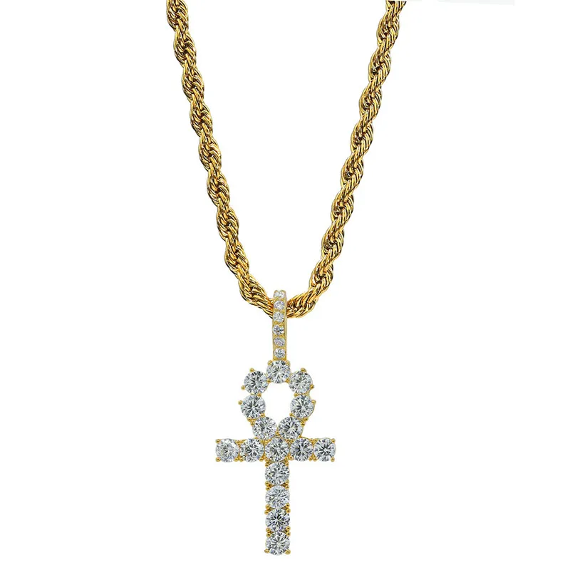 

Hip Hop Ankh Cross cubic zircon Pendant Necklace with free 3mm*24 inches rope chain