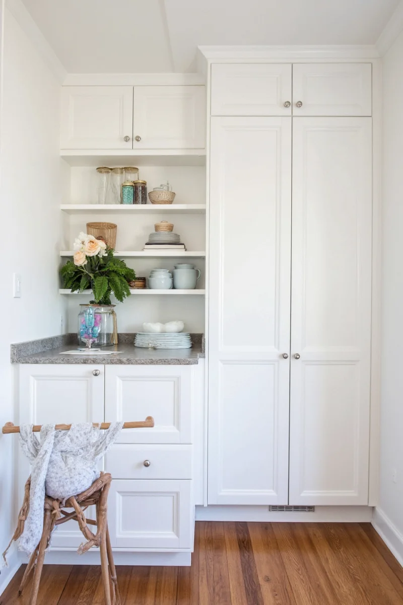Built-in cabinet showcasing family photos and artwork
