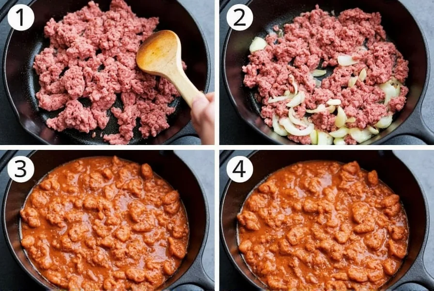 Step-by-step preparation of basic chili recipe showing ground beef browning in cast iron pot with onions and garlic