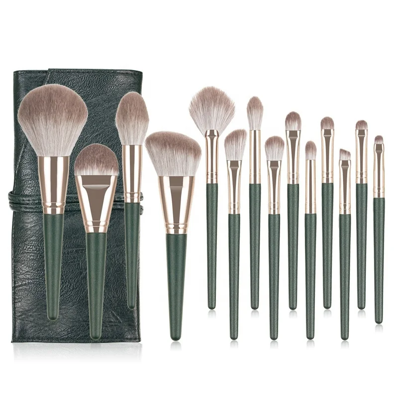 

2021 14 Pieces Hot selling Private Custom maquillaje Brochas high quality Facial Green Synthetic makeup brush set custom logo, Customized color