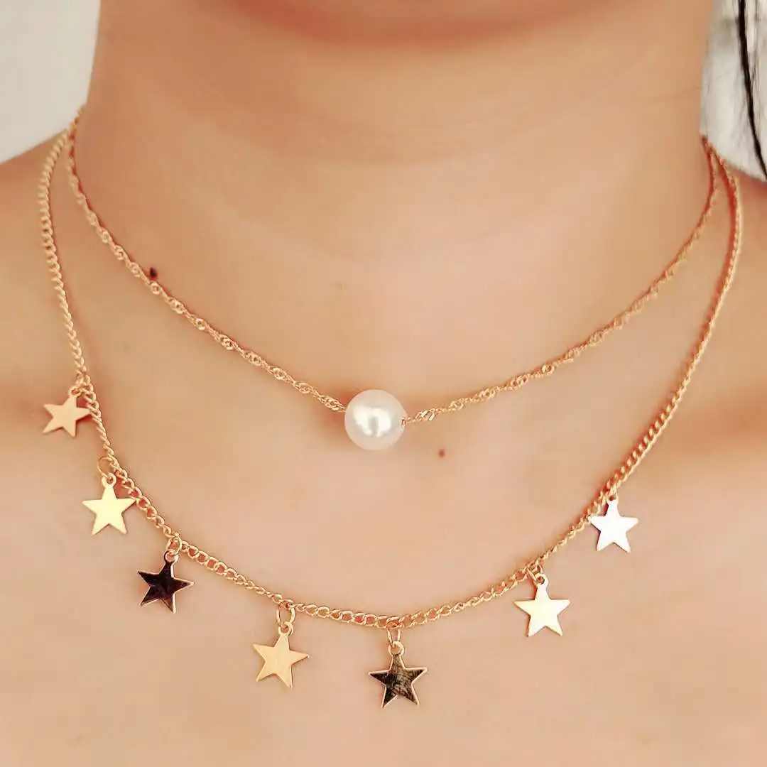 

VRIUA Trendy Style Collarbone Chain Little Star Pendant Necklaces for Women Pearl Multilayer Gold Silver Color Fashion Jewelry