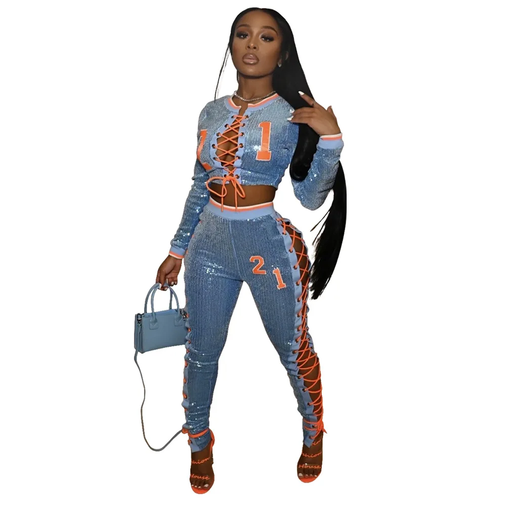 

2021 New Arrival Summer Lace Up Long Sleeve Sequin Clubwear Two Pieces Jumpsuits with Long Pants for Women Wholesale OEM ODM