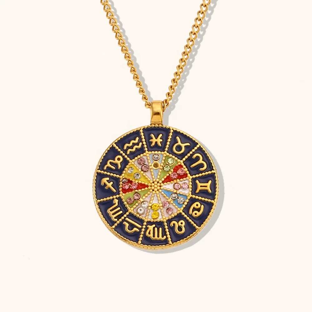 

New Double Sides Gold Plated 12 Zodiac Zircon Coin Necklace Jewelry Stainless Steel Enamel Pendant Necklace