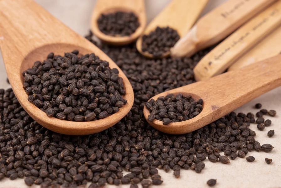 Close-up view of black cumin seeds on wooden spoon with measuring spoons showing proper dosage