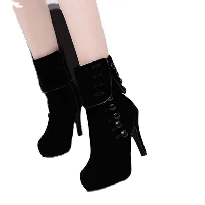 

Hot style large suede breeches high heel ankle boots waterproof platform red boots manufacturer direct sale, As shown in figure