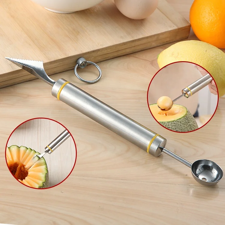 

multi-function stainless steel melon baller fruit spoon ice cream fruit carving scoop knife kitchen accessories, Silver