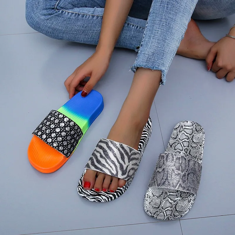 

2021 New design fashion snake pattern sandals diamond beach zebra slippers colorful Sandals for women, Zebra, snake, color