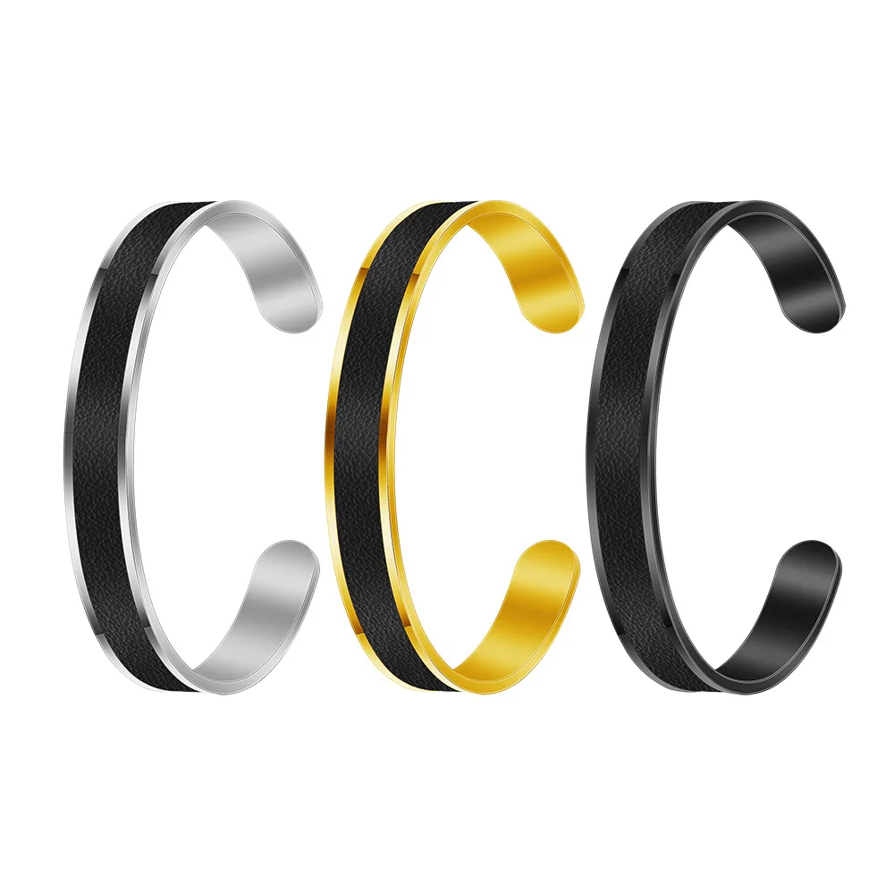 

2020 Open Arc Leather Men Metal Stainless Steel Silver/Gold/Black C shape Cuff Bracelet Jewelry Bangle