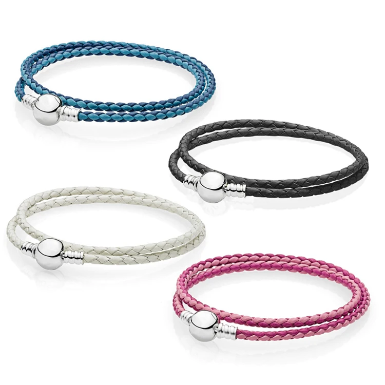 

Hot selling braided rope bracelet sterling silver s925 double loop leather bracelet, can be used with Pandora beads and pendants