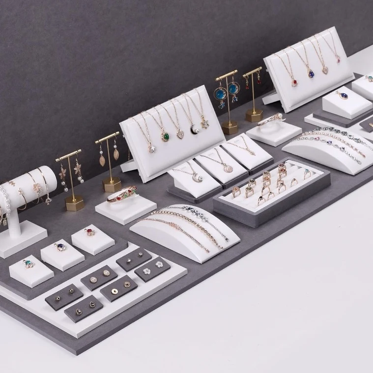 

PU leather jewelry display model display props fashionable and exquisite jewelry display props set counter bracelet tray, White+grey